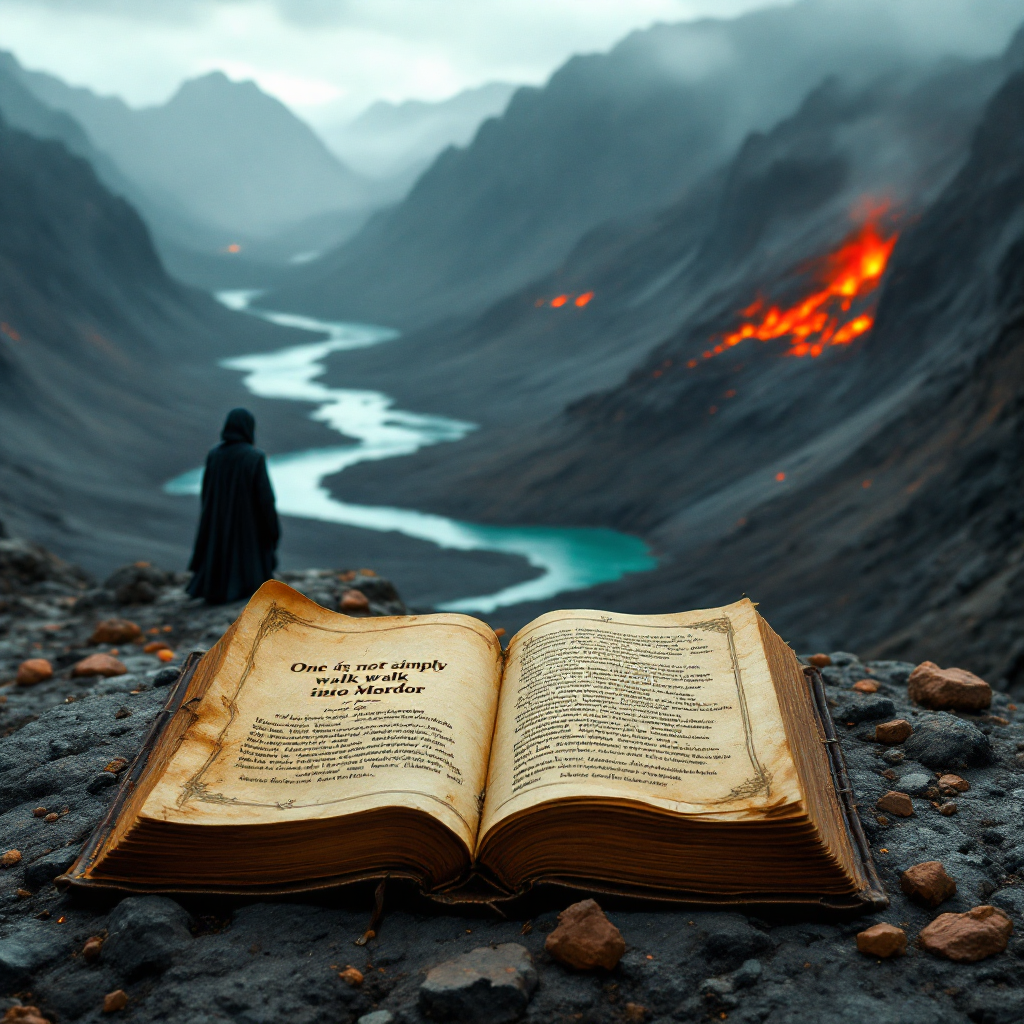 A large, open book rests on rocky terrain, with the quote One does not simply walk into Mordor visible. In the background, a figure overlooks a dramatic landscape of mountains and fiery volcanic activity.