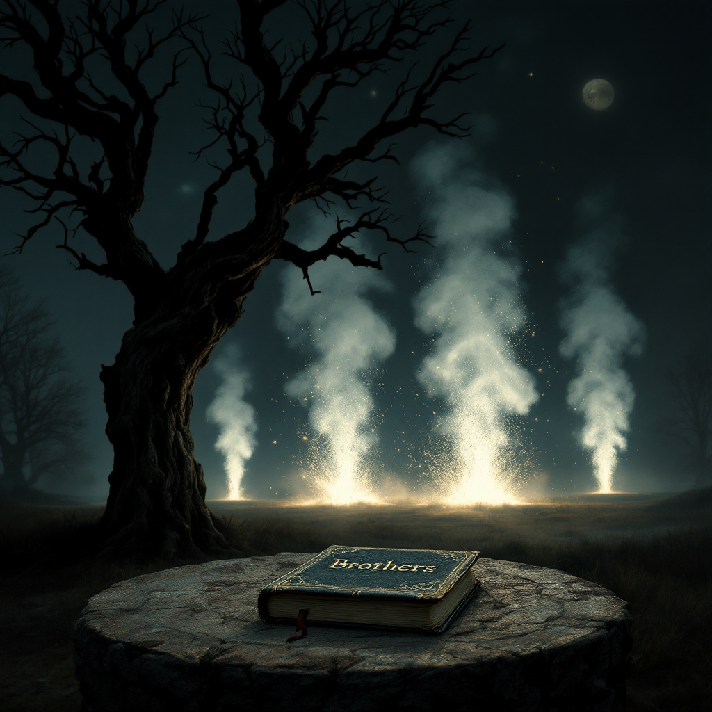 A mystical scene features a dark, leafless tree silhouetted against a night sky, with a glowing book titled Brothers resting on a tree stump, surrounded by ethereal wisps of smoke.