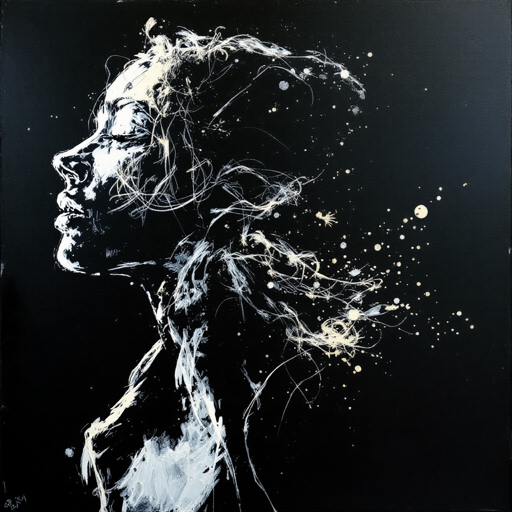 A dynamic chalk sketch on a blackboard depicts a highly realistic woman's head and shoulders, appearing to be drawn, erased, and redrawn rapidly in flowing white strokes.