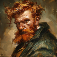 A burly man with wild, red hair and a thick beard stares intensely. His rugged demeanor fits the description of Mortlock, a red-headed Yorkshireman from the book quote.