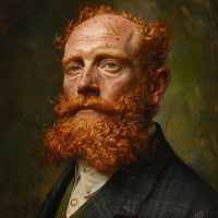 Portrait of a burly, red-headed Yorkshireman with a bushy beard, capturing the essence of the Mortlock character described in the referenced book quote.