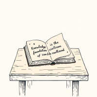 An open book rests on a simple wooden table, featuring the quote: Knowledge is the foundation of civilization; therefore, it can be taught. The illustration emphasizes the importance of knowledge.