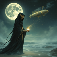 A cloaked figure stands on a shore under a full moon, holding a glowing orb. A zeppelin floats in the sky, symbolizing dreams on the fragile shores of memory.