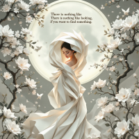 A serene woman wrapped in flowing fabric stands before a glowing moon, surrounded by blooming magnolia branches. The quote highlights the nature of searching and discovery.