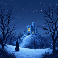 A cloaked figure stands on a snowy path leading to a castle, illuminated against a dark blue night sky filled with stars, evoking the quote Winter is coming.