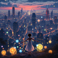 A silhouetted figure in a flowing white dress stands on a hilltop, gazing over a vibrant cityscape at dusk, surrounded by glowing, ethereal representations of minds, reflecting on the value of consciousness.