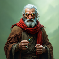 An intense old man with gray hair and a thick beard stands confidently, fists clenched and wearing a red scarf, embodying the strength and determination suggested by the quote.