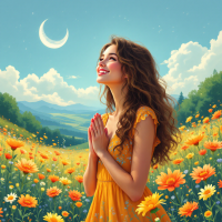 A joyful woman in a bright yellow dress stands in a vibrant flower field, gazing up at a crescent moon and blue sky, embodying the essence of creating her own happiness.