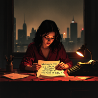 A woman sits at a dimly lit desk, gazing at a handwritten note that reads, Writing is a way to breathe through the mess of life, with a city skyline visible through the window.