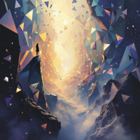 A figure stands on a rocky ledge, overlooking a radiant, ethereal landscape filled with geometric shapes and light, embodying the essence of breathtaking moments in life.