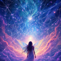 A figure with ethereal wings stands before a cosmic backdrop, swirling with vibrant colors and interconnected stars, symbolizing the idea of connections leading to freedom.