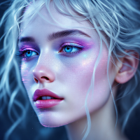 A close-up portrait of a young woman with shimmering blue eyes and platinum blonde hair, highlighted with soft pastel colors, embodying the quote about embracing our brokenness.