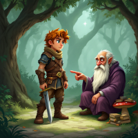 A young boy with a sword stands in a forest, listening intently to an old man with a long beard, who gestures thoughtfully while seated beside a stack of books.