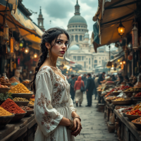 A woman in a flowing white dress stands thoughtfully amid a bustling market filled with vibrant spices, capturing a sense of enchantment and complexity in the variety of life around her.