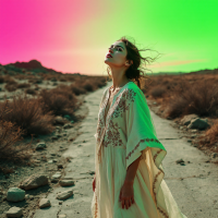 A woman in a flowing white dress stands alone on a cracked road, gazing upward against a vibrant green and pink sky, embodying the search for meaning amid suffering.