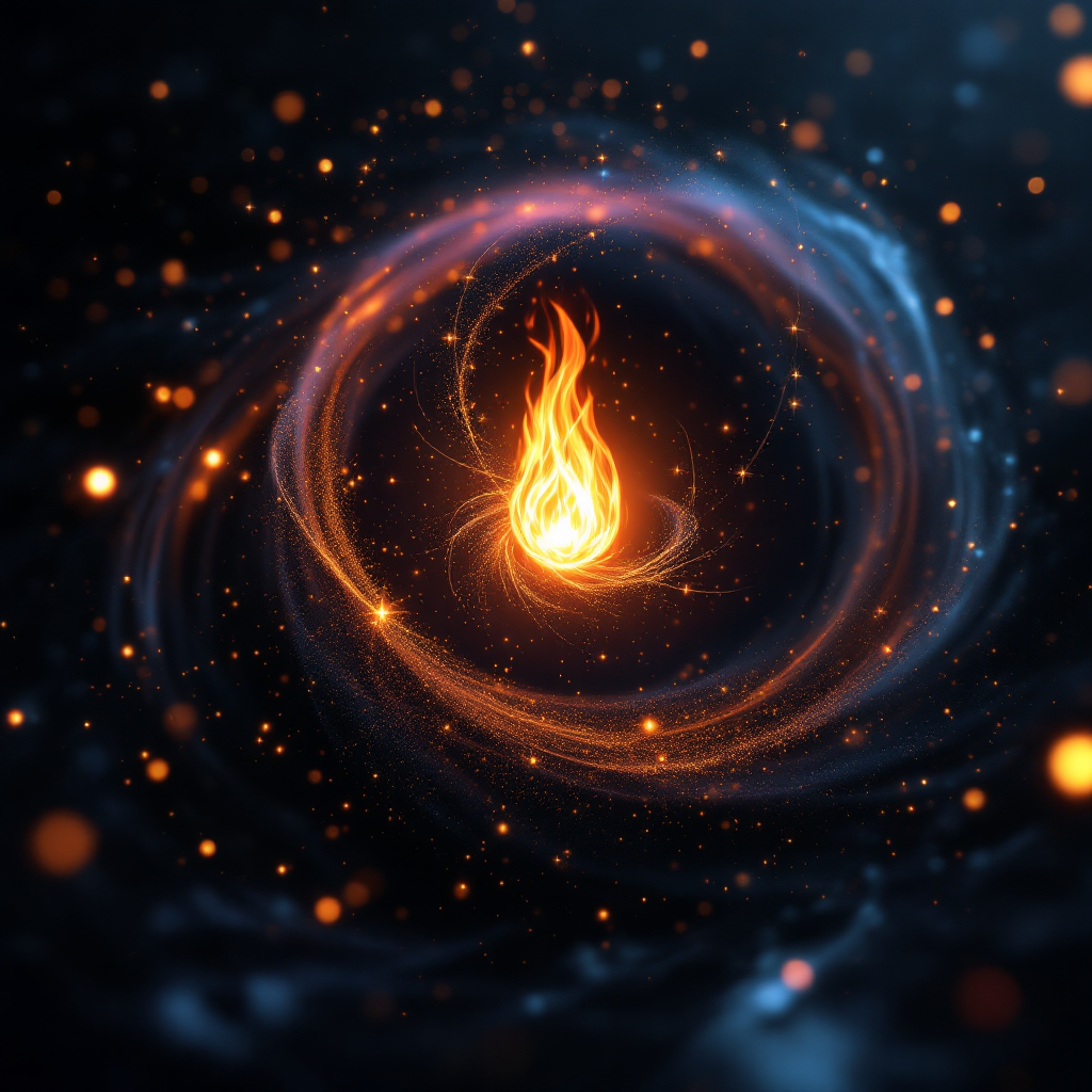 A glowing ember surrounded by swirling cosmic energy symbolizes the spark of hope igniting the spirit amid darkness, inspired by the quote about resilience.