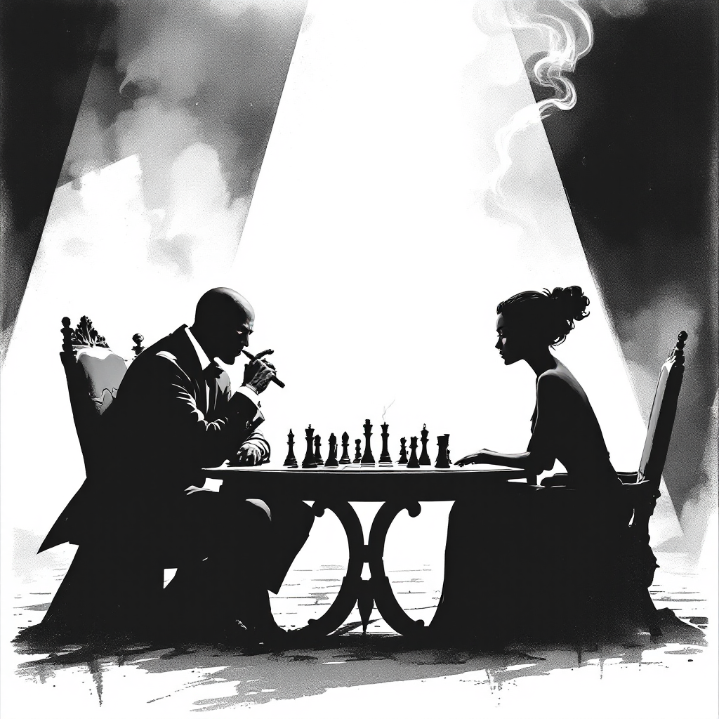 A dramatic black-and-white illustration of a man and woman playing chess at a table, symbolizing the dynamics of power and strategy in the game of life.