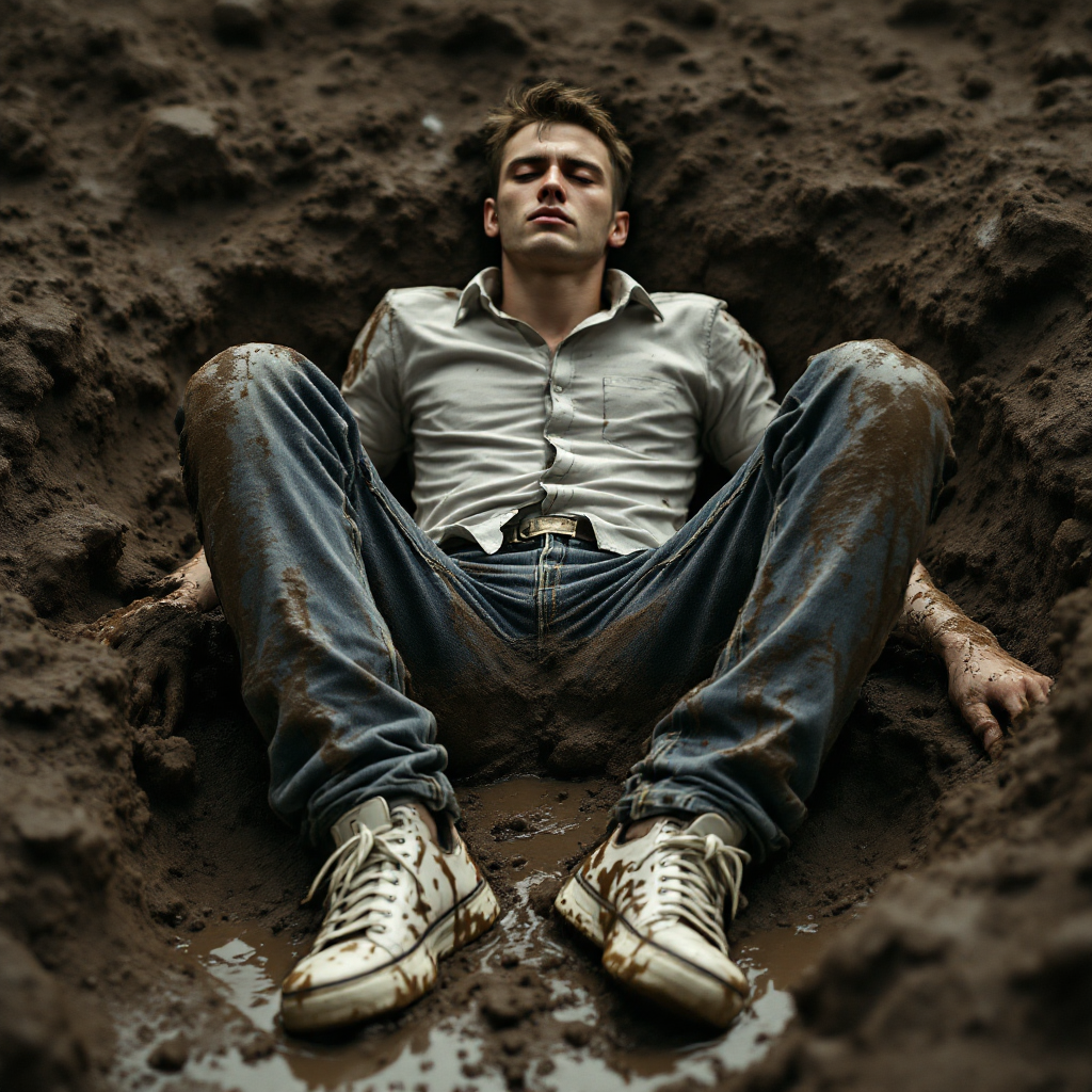 A young man sits awkwardly in mud, looking contemplative as it envelops him, reflecting feelings of disconnection and the surreal nature of life.