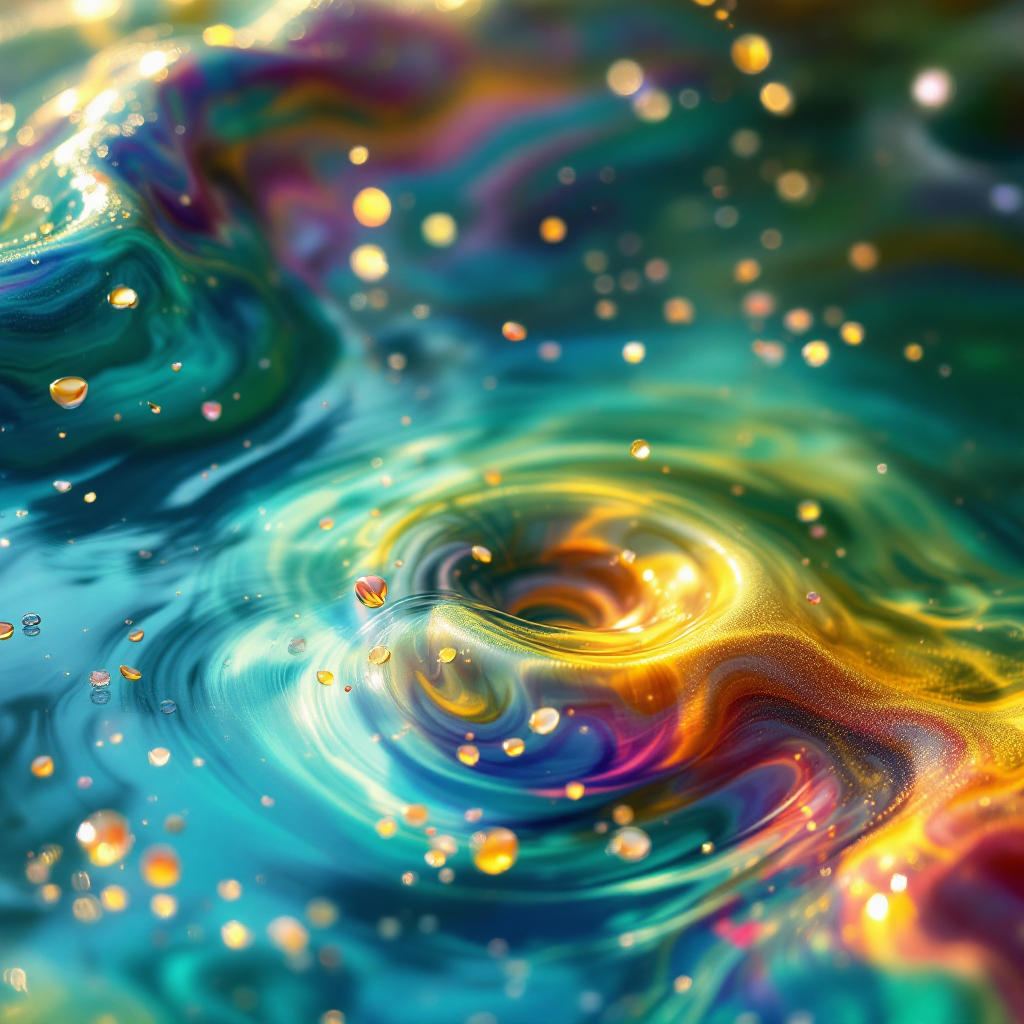 A swirling, colorful mixture of vibrant blues, greens, and golds, resembling pure water infused with ground seeds from mystical worldtrees, radiates a captivating energy.