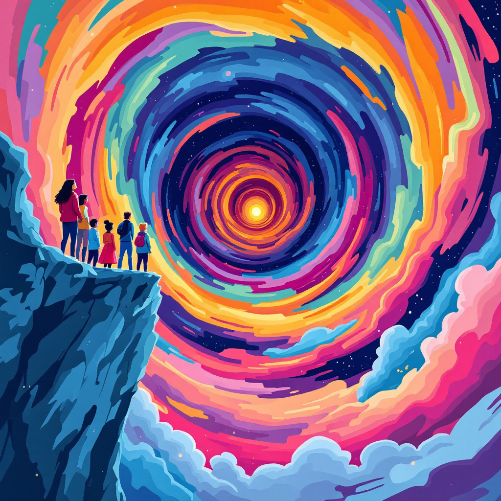 A group of silhouetted figures stands on a cliff, gazing into a vivid, swirling cosmos of colors, symbolizing the transformative power of changing perspectives to reshape the world.