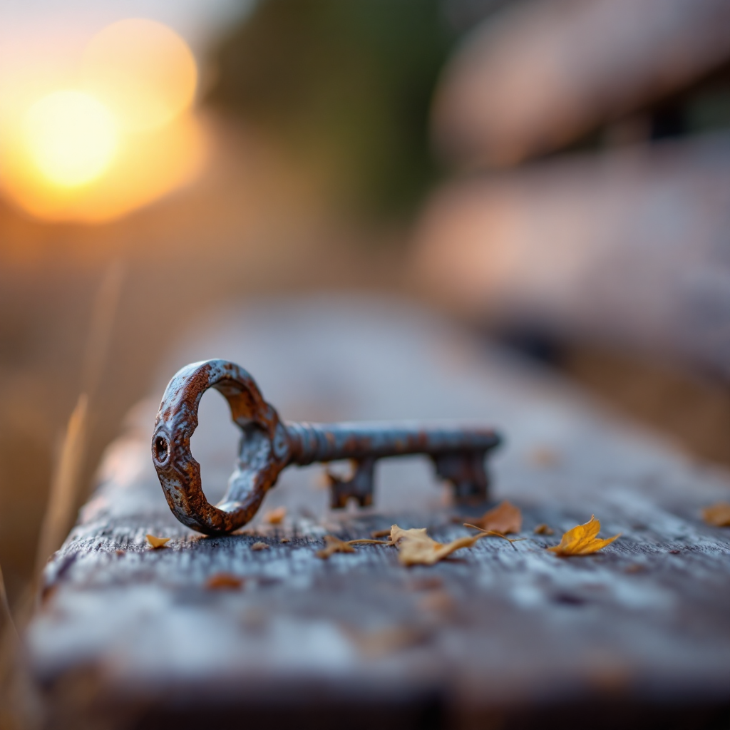 A vintage key rests on a weathered bench, surrounded by scattered leaves, with a warm sunset glow in the background, symbolizing letting go of the past.