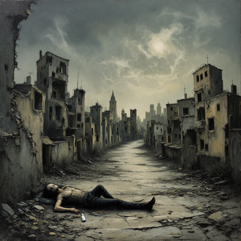 A desolate street in a ruined cityscape, with a solitary figure lying on the ground, embodying the quote on reality and escapism through drugs. Dark skies loom overhead.