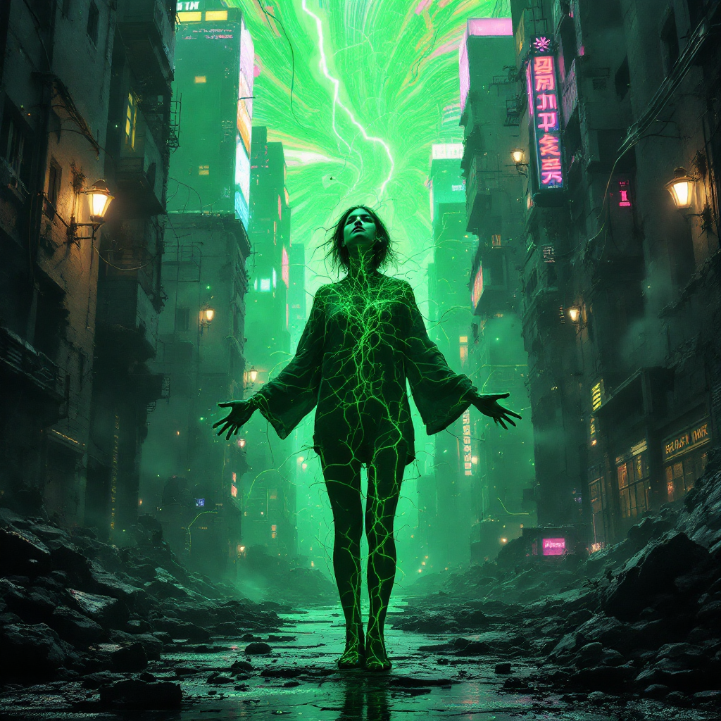 A figure stands in a desolate urban landscape, arms outstretched amidst swirling green energy, symbolizing the tension between connection and disconnection in the human experience.