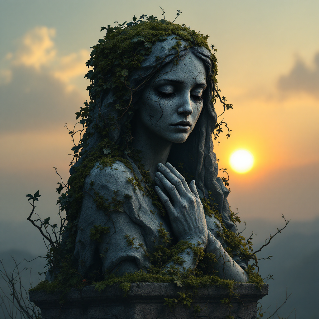 A solemn statue of a woman, draped in moss and surrounded by nature, gazes downward as the sun sets behind her, embodying the bittersweet truth of betrayal by trusted ones.