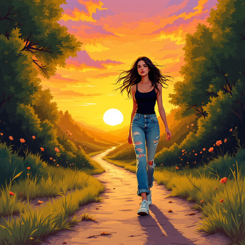 A young woman walks along a winding path surrounded by lush greenery, illuminated by a vibrant sunset, embodying the spirit of starting anew and embracing the life she desires.