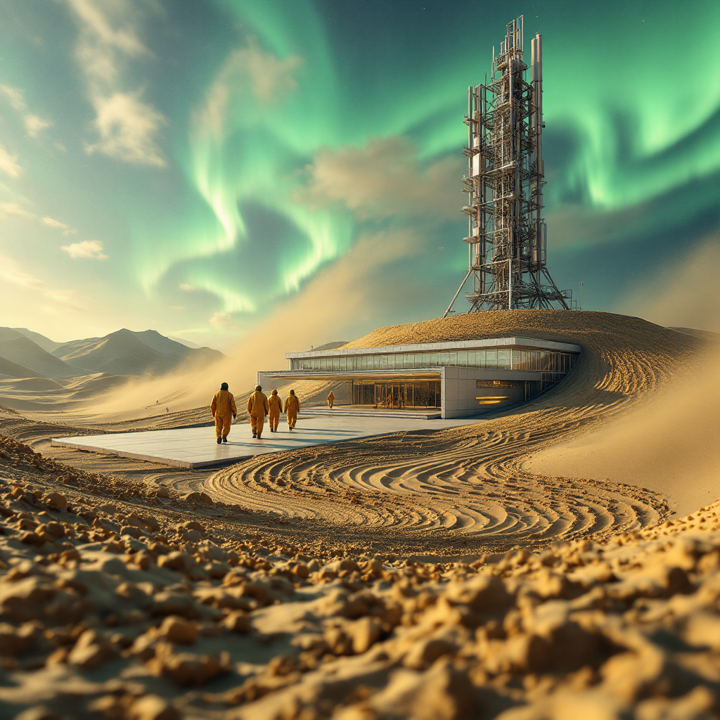 A group of figures walks towards a modern scientific facility in a desert, under vibrant auroras, symbolizing the intrigue and conspiracy theories surrounding HAARP's research.