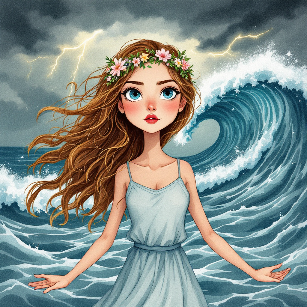 A young woman in a flowing dress, adorned with a flower crown, stands confidently amidst turbulent waves and dark stormy skies, embodying love as a driving force in life's chaos.