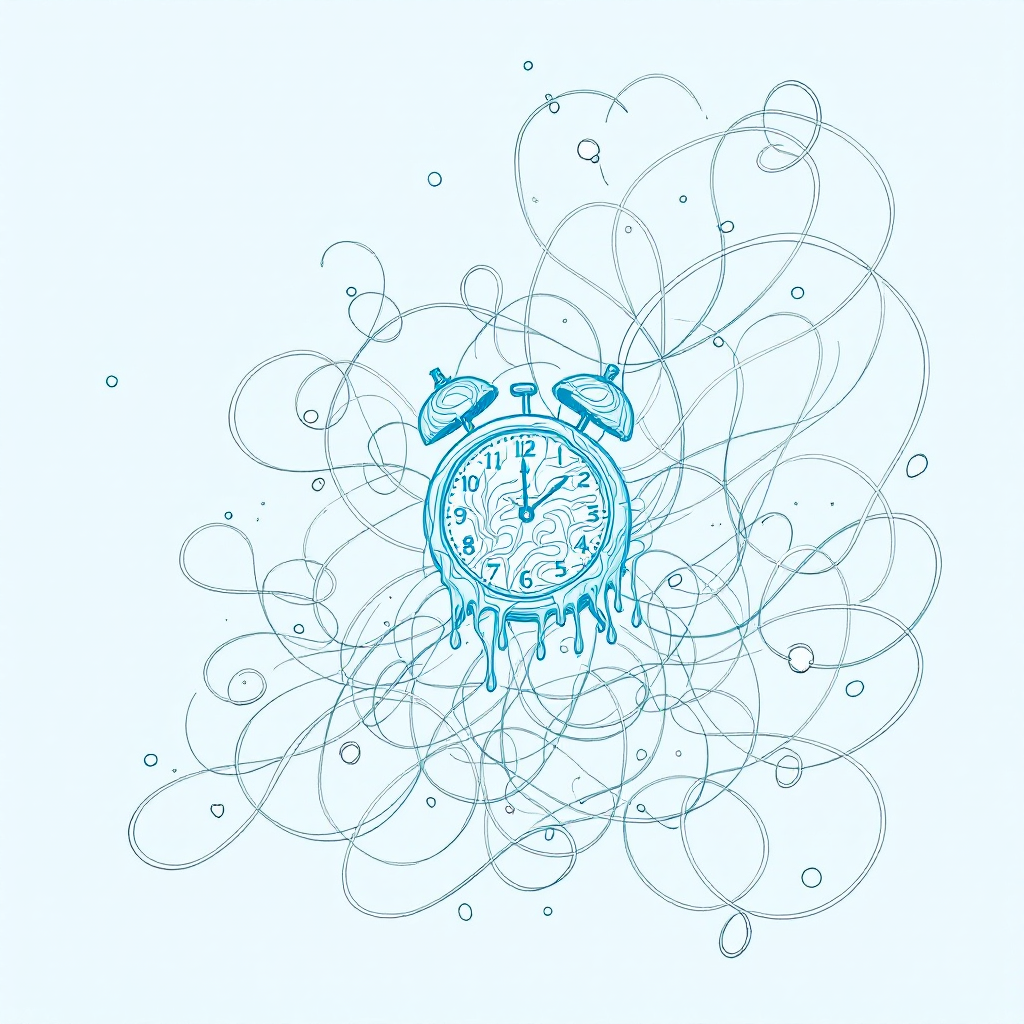 A blue alarm clock melts into a swirl of tangled lines, symbolizing the wish to reclaim the past, echoing the sentiment of longing expressed in the quote.