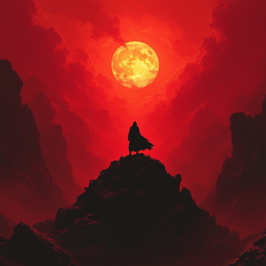 A silhouette of a cloaked figure stands atop a dark rock formation, silhouetted against a vivid red sky and a large, glowing sun, capturing a dramatic and intense atmosphere.