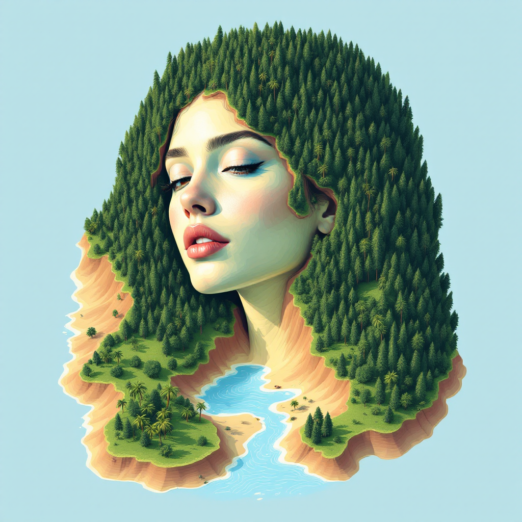 A serene face emerges from a lush landscape, with hair made of green trees and a river flowing below, embodying the quote: She is not a memory, she is a map.