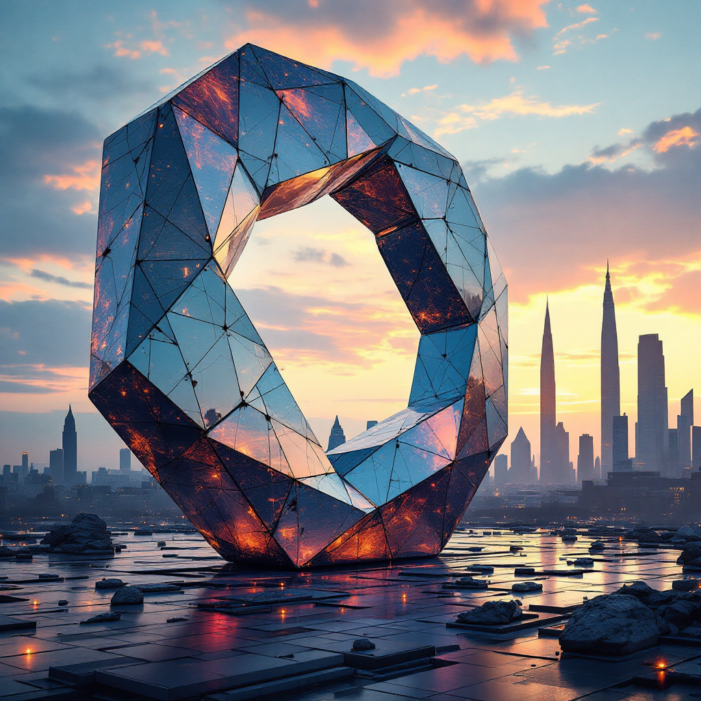 A futuristic, reflective geometric sculpture stands prominently against a sunset skyline, symbolizing adaptation amidst an ever-changing world. 