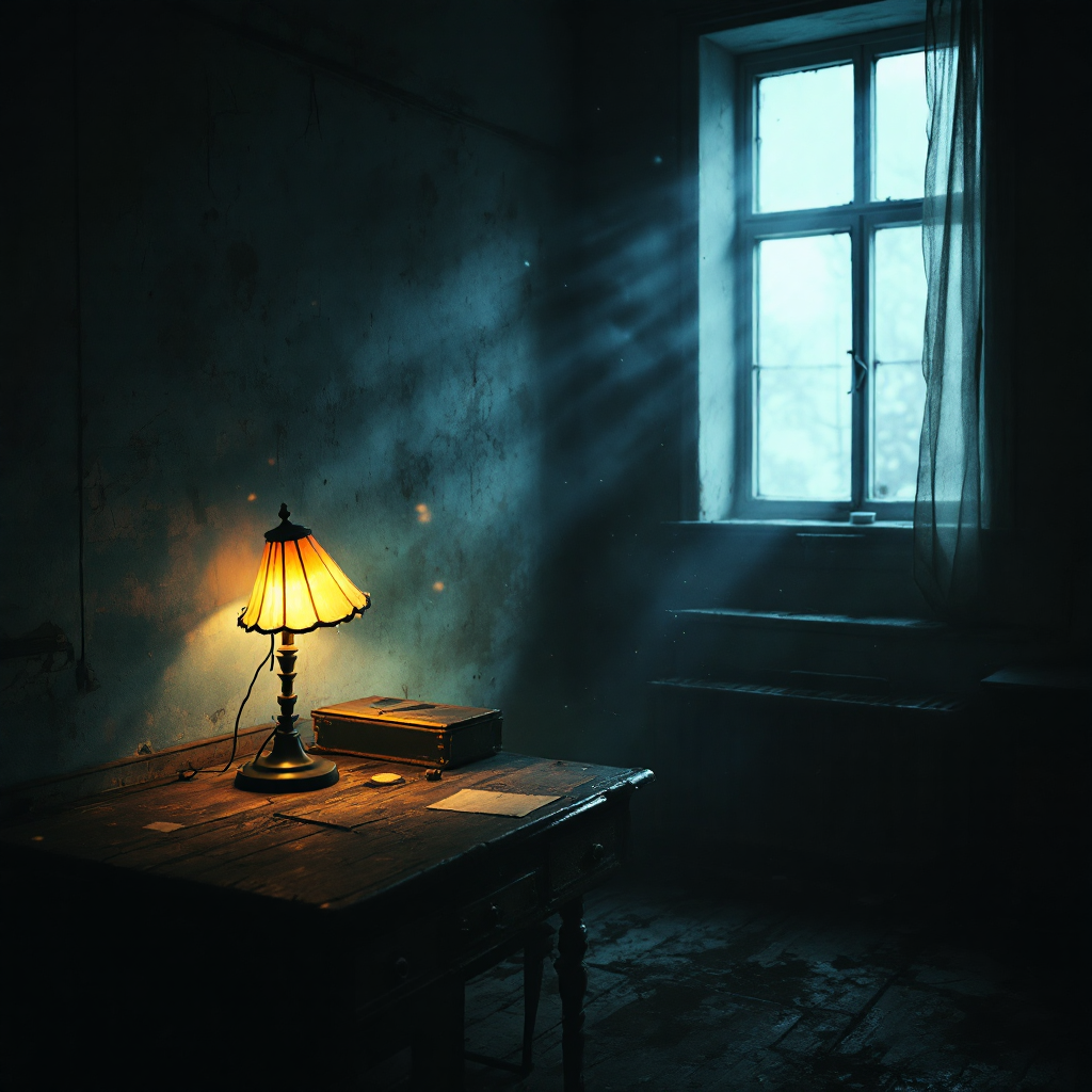 A dimly lit room with a wooden table and an elegant lamp, casting warm light. Sunlight streams through a dusty window, highlighting the room's aged walls and atmosphere of quiet longing.