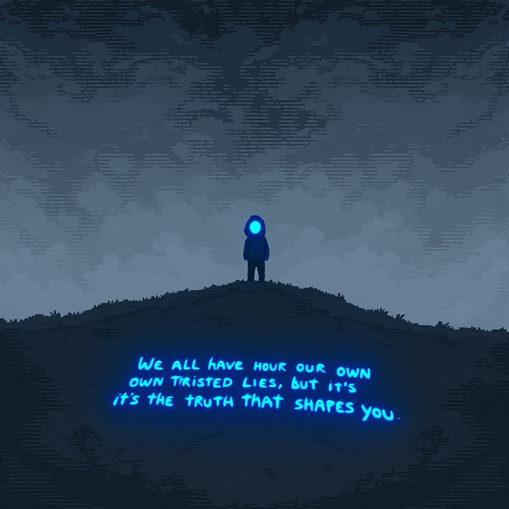 A solitary figure stands on a hill under a dark sky, illuminated by a soft blue light, with the quote: We all have our own twisted lies, but it's the truth that shapes you.