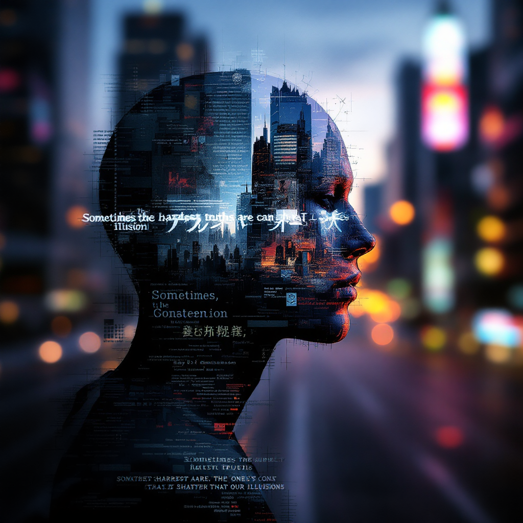 A silhouette of a human head overlays a cityscape filled with neon lights and text, illustrating the profound impact of hard truths that can shatter our illusions.