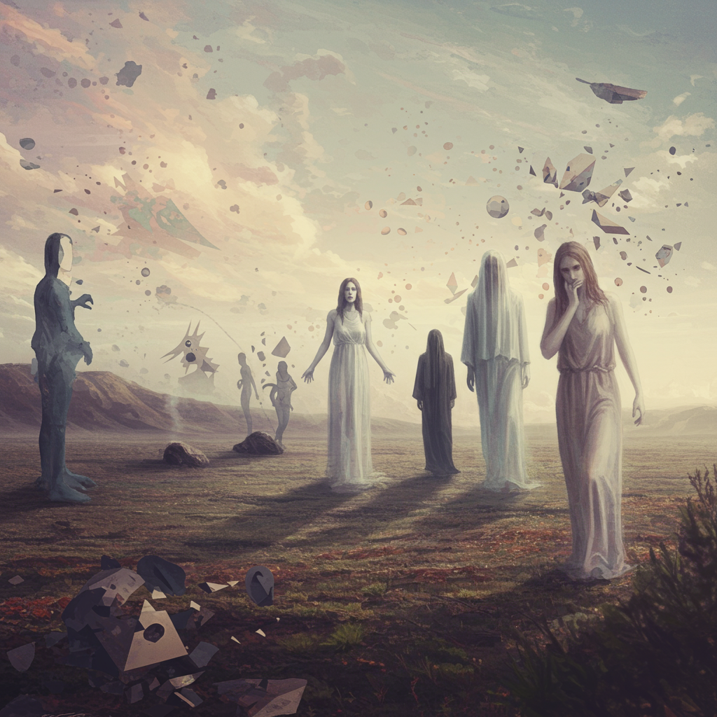 Ethereal figures stand in a misty landscape surrounded by floating debris, embodying elusive dreams, hidden secrets, and silent conspiracies.