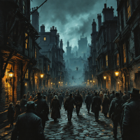 A dimly lit, narrow street is filled with a crowd, shrouded in fog under a dramatic sky, capturing the essence of a world on the brink of savagery.