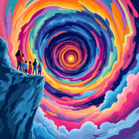 A group of silhouetted figures stands on a cliff, gazing into a vivid, swirling cosmos of colors, symbolizing the transformative power of changing perspectives to reshape the world.