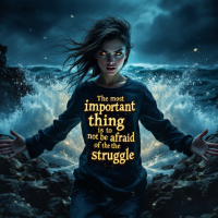 A girl stands on rocky shore, windswept hair and glowing eyes, wearing a shirt that reads, The most important thing is to not be afraid of the struggle, against a stormy sea backdrop.