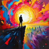 A silhouetted figure stands at the edge of a cliff, gazing at a vibrant, swirling sunset above a city skyline, embodying the essence of taking bold leadership decisions.