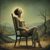 A woman sits serenely in a chair, her eyes closed, surrounded by a barren landscape. A soft glow highlights her figure, embodying the introspection of giving up and simply existing.