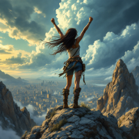 A determined figure stands triumphantly atop a mountain, overlooking a sprawling city. The dramatic sky reflects the struggle and strength that lead to life's greatest triumphs.