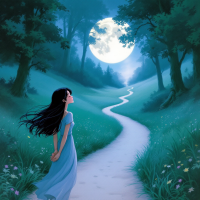 A woman in a flowing blue dress stands on a winding path under a bright full moon, embodying the theme of seeking happiness and freedom in nature's embrace.