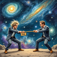 Two suited figures engage in a tug of war over a sign labeled FATE, set against a vibrant cosmic backdrop of galaxies and stars, illustrating the struggle between chance and control.