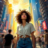 A woman stands with curly hair and a tied shirt amidst a busy city, looking up at a radiant sun breaking through skyscrapers, embodying the idea of noticing life's signs.