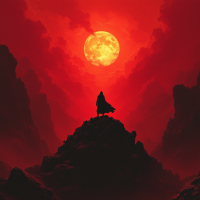 A silhouette of a cloaked figure stands atop a dark rock formation, silhouetted against a vivid red sky and a large, glowing sun, capturing a dramatic and intense atmosphere.