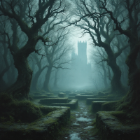 A misty, eerie forest surrounds a labyrinth of stone paths, leading to a distant, shadowy castle, evoking the quote about the dangers beyond the Maze.